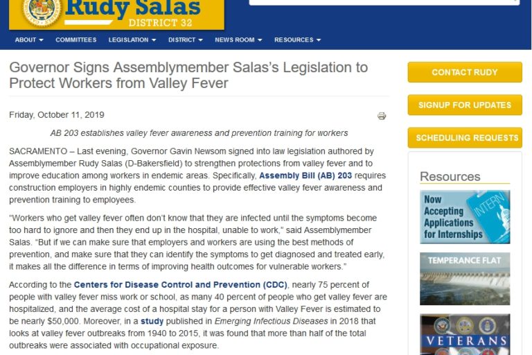 salasPage The announcement of Rudy Salas's Valley Fever bill for workers being signed into law
